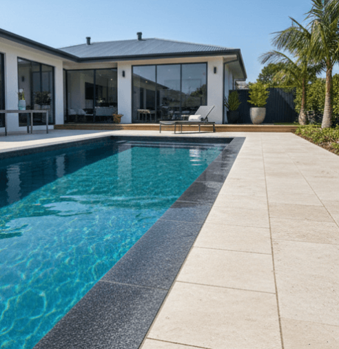 Sample: Clean aris edge pool coping installed on a luxury backyard lap pool in Melbourne