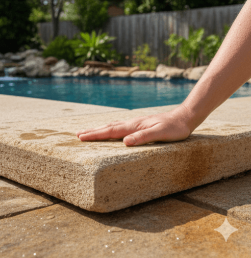 Sample: Close-up of bullnose sandstone pool coping showing natural slip-resistant texture