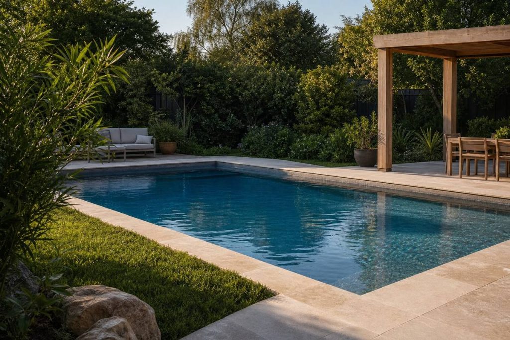 Natural stone pool coping around a swimming pool in a Melbourne backyard with landscaping
