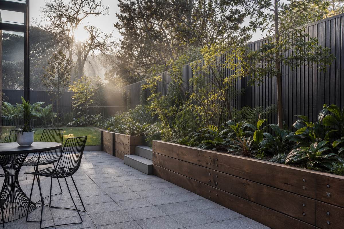 Melbourne backyard patio with pavers and retaining wall prepared for winter weather