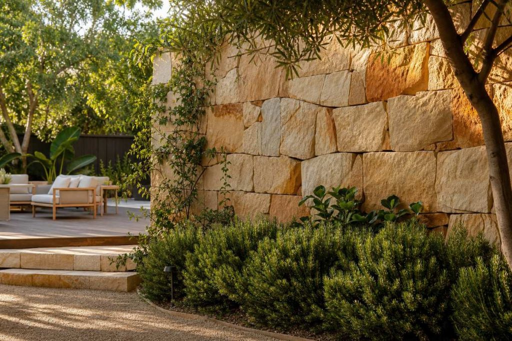 Natural stone feature wall in a Melbourne backyard garden with sandstone textures and lush landscaping