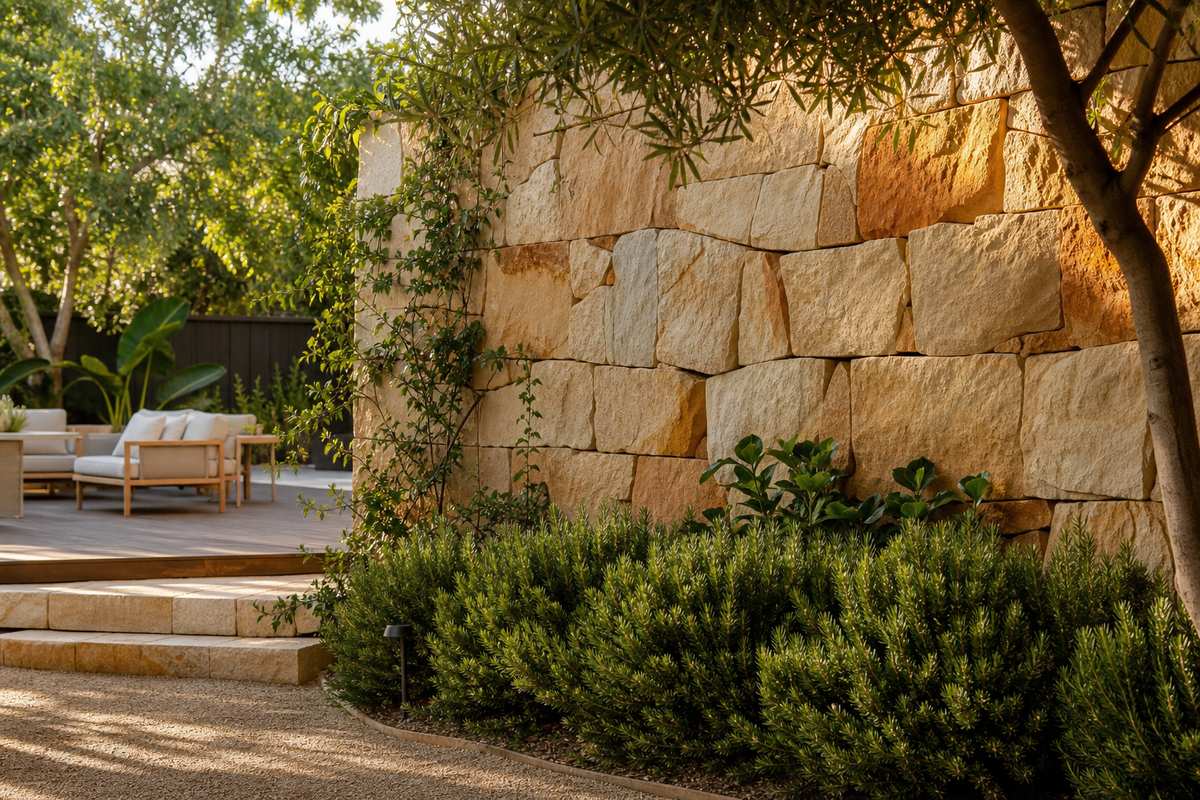 Natural stone feature wall in a Melbourne backyard garden with sandstone textures and lush landscaping