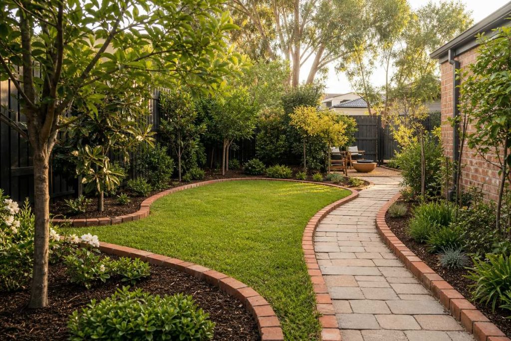 Garden edging using bricks and pavers in a Melbourne backyard with clean borders between lawn and garden beds