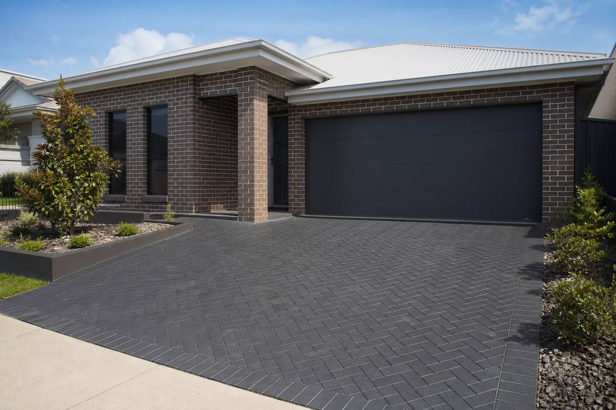 Charcoal driveway pavers laid in herringbone pattern at a Melbourne home