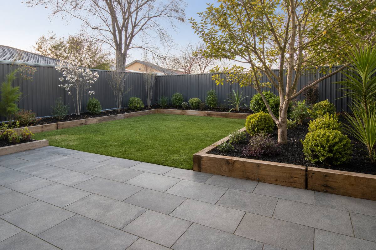 Freshly cleaned paved patio and mulched garden beds in a Melbourne backyard in spring